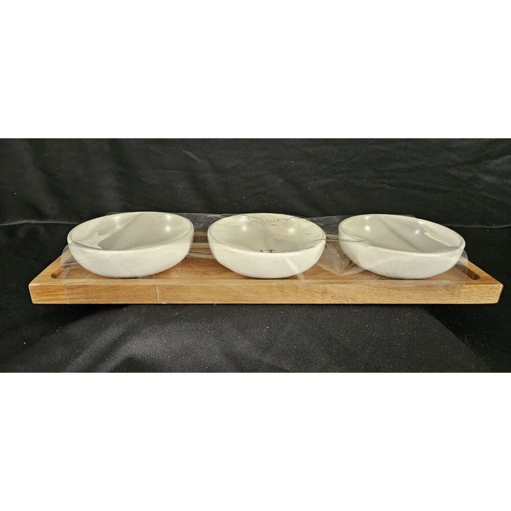 Rae Dunn DIP EAT TASTE Ceramic Bowl Set 4 Pc with Wooden Serving Party Tray New